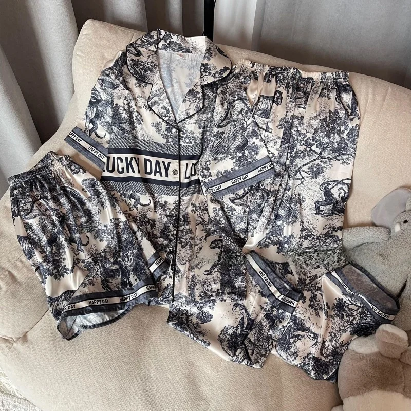 

Ice Silk Spwear Women's Summer Tee-piece Set ort Sve Long Pants Open Cardigan Thin Silk Large Size Spring Home Clothes