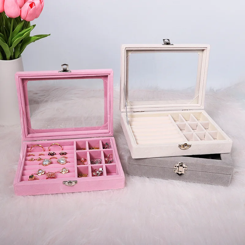 Simple Portable Velvet Jewelry Box, Transparent Lid Jewelry Case, Dustproof Lockable Storage, Gift Box for Rings & Earrings