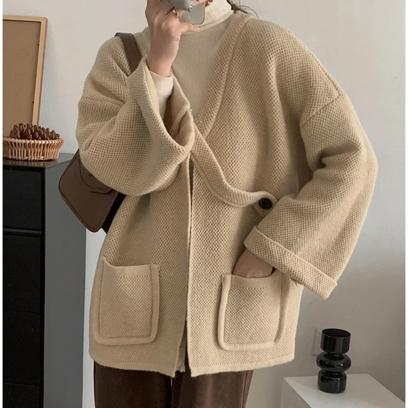 Cardigans Women Solid Color Elegant Knit Sweaters Pockets Oblique Buckle Casual Female Knitted Outwear Autumn Winter Clothing