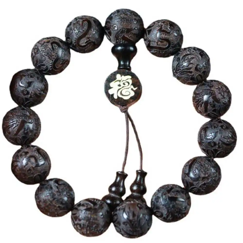 

15MM Ebony Carved dragons phoenixes Cuff Mala Lucky Bracelet Yoga Healing Men's Spirituality All Saints' Day Blessing Prayer