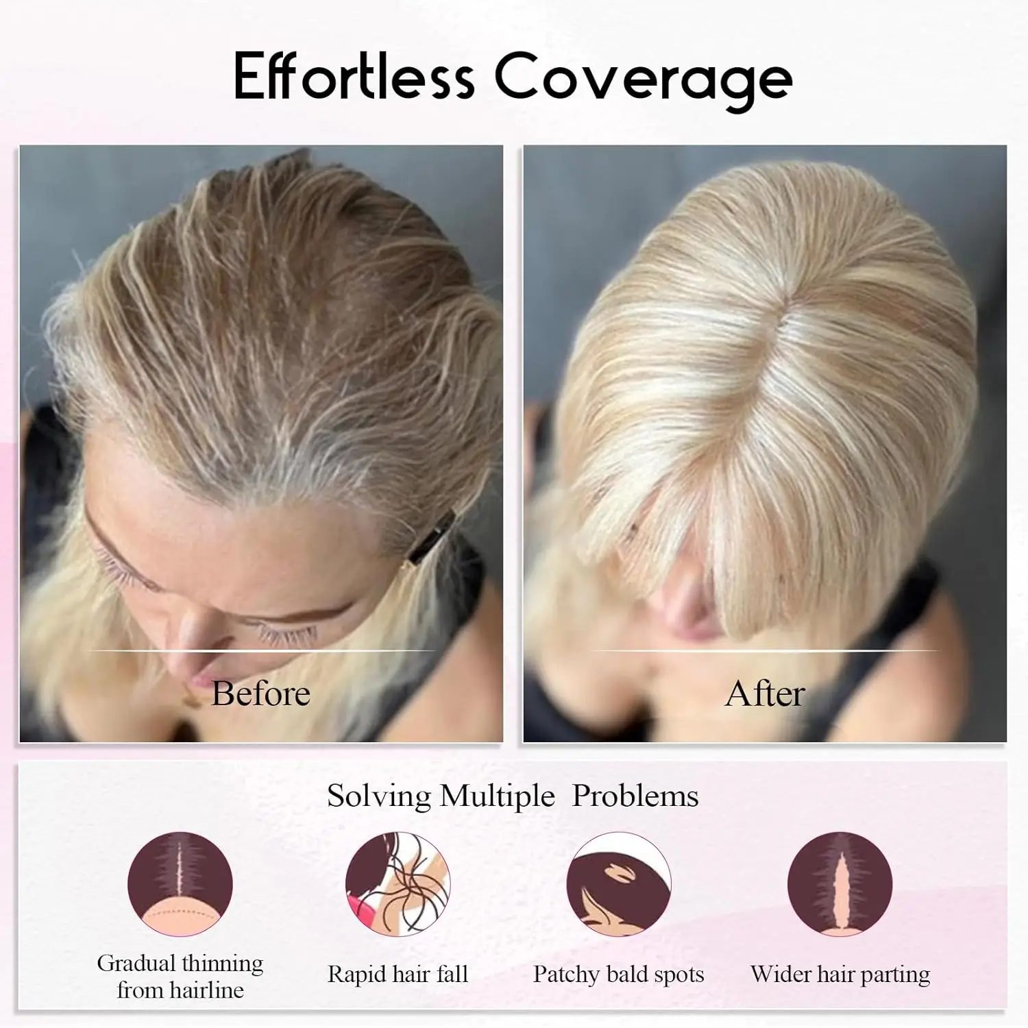 Topper de cabelo humano loiro misto marrom com franja clipe reto de seda natural em extensões de cabelo para mulheres com cabelo de desbaste 12 pol.