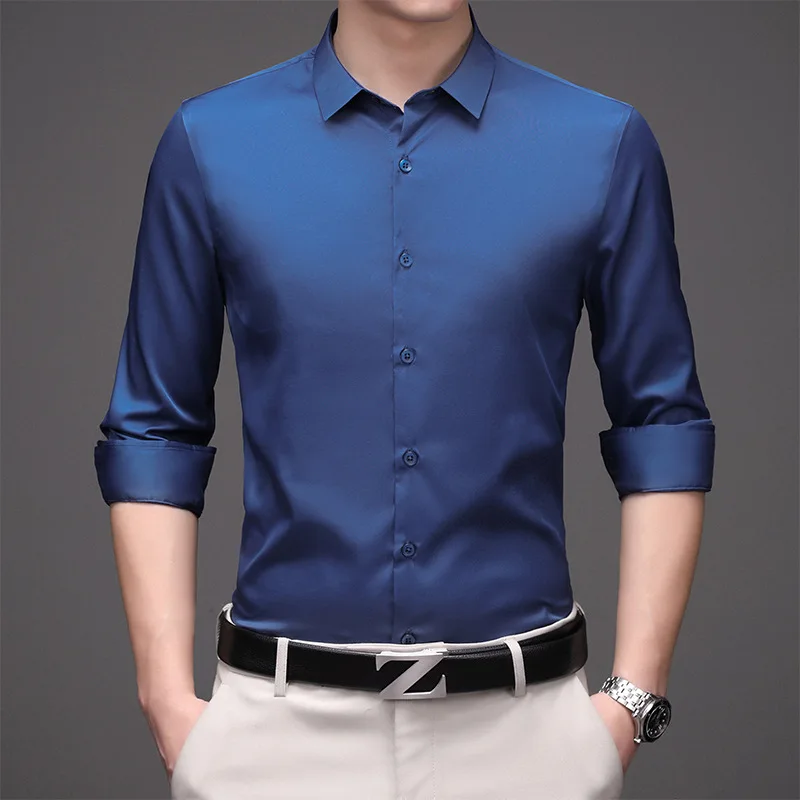 Business casual party social shirt men\'s long sleeve slim fit anti-wrinkle no-iron stretch color fashion trend men\'s clothing