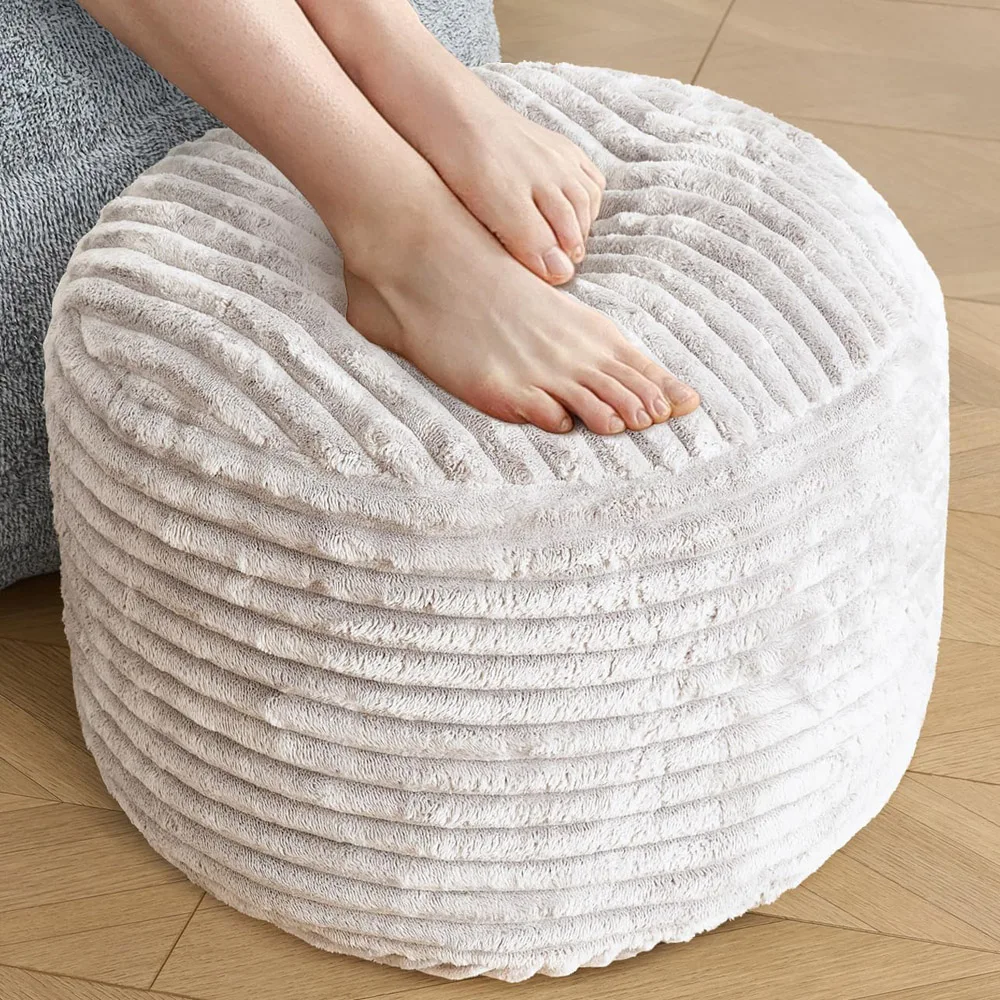 New Round Stuffed Pouf Foot Rest for Couch，Round Ottoman with Foam Chunk Filling Stripe Faux Fur Ottomans for Living Room Floor
