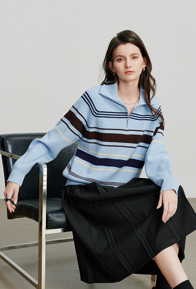TOYOUTH Women Knitted Sweater 2026 Autumn New Fashionable Style Striped Zipper High Collar Woolen Pullover Sweater Tops