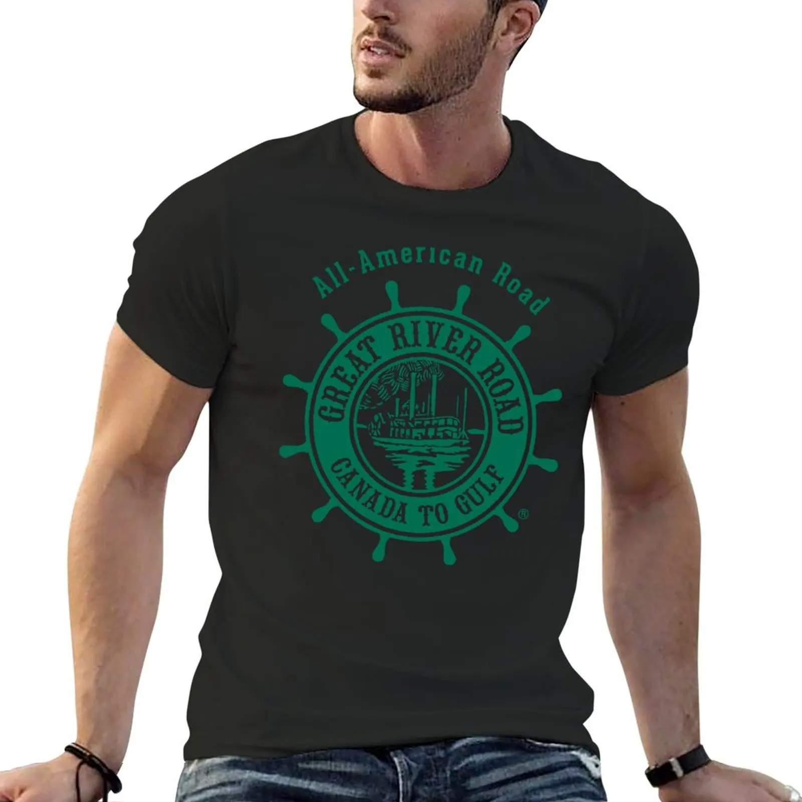 Great River Road - Paddle Wheel Logo - Green T-Shirt customs design your own vintage anime shirt sweat shirts, men