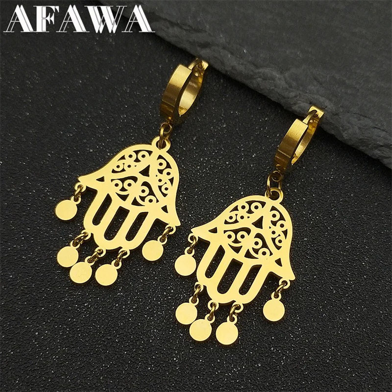 

Vintage Fatima Hand Tassel Hoop Earrings for Women Stainless Steel Gold Color Hamsa Flower of Life Drop Earring Jewelry