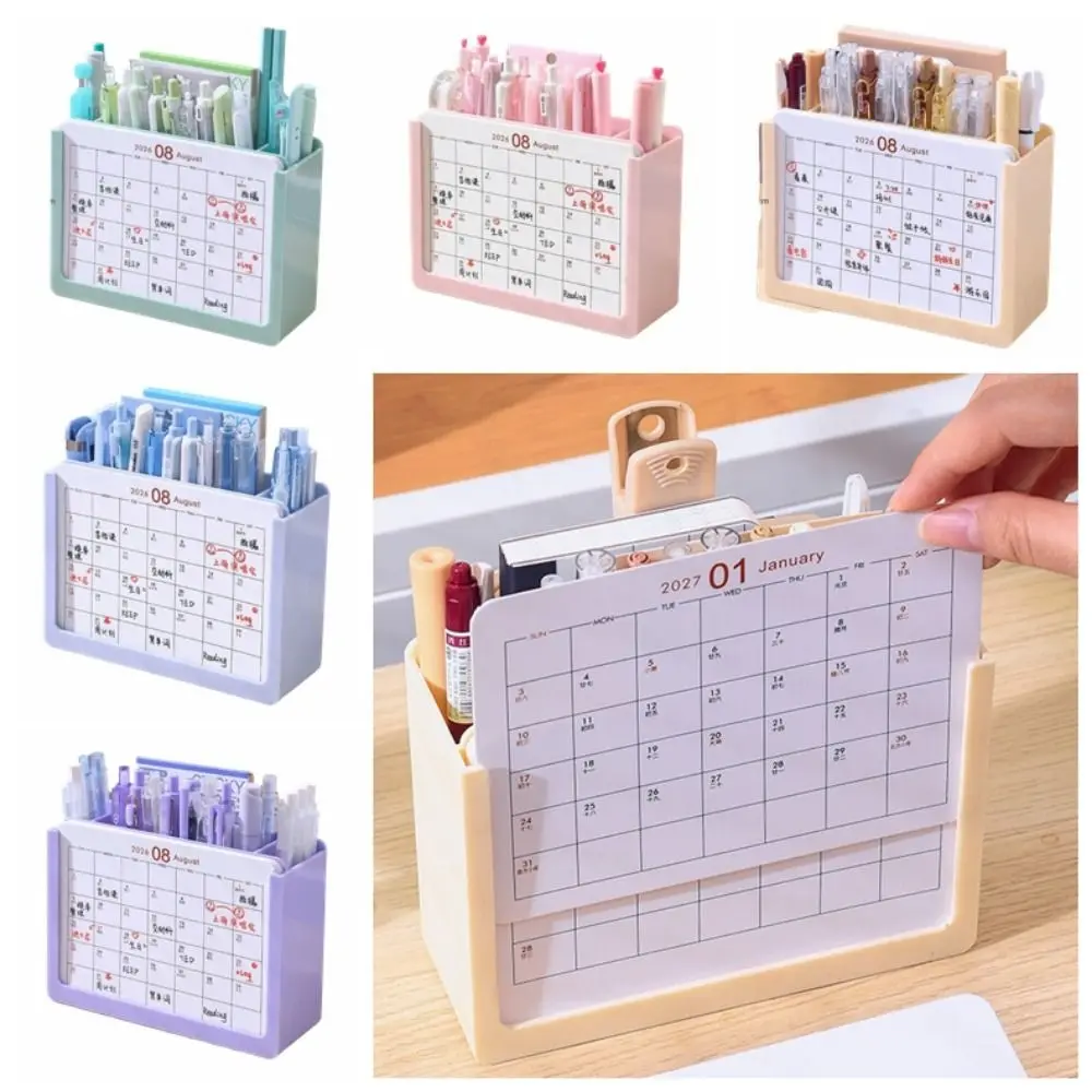Space-Saving 2027 Desk Calendar Pen holder Plastic 3 Grids Desktop Stationery Organizer Lightwight Durable