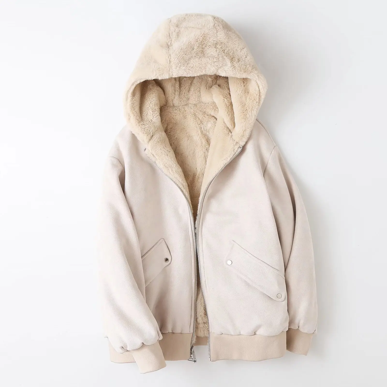 سميكة الأزياء معطف قصير البوليستر مزيج المرأة الخريف الشتاء جديد مقنعين الوجهين ارتداء سترة القطن فو الفراء #4