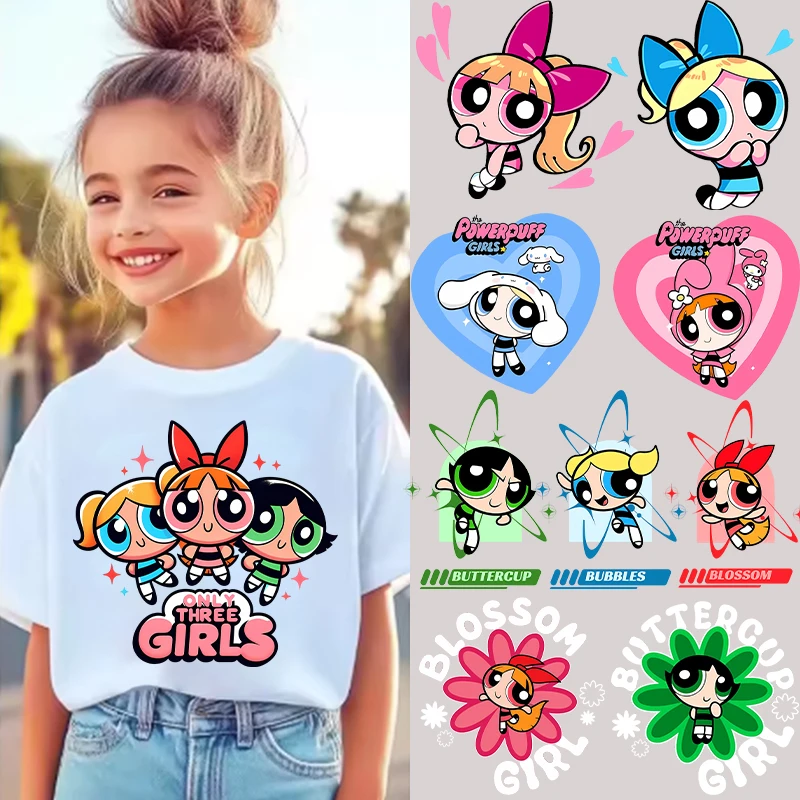 The Powerpuffs Girls Transfer Stickers Anime Cute Iron on Patch Decals Clothes Sticker T-shirt Hoodie Clothing Hats DIY Applique
