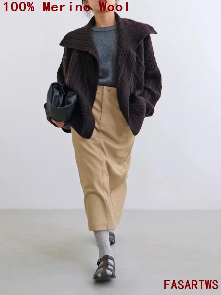 

Women 100% Pure Wool Cardigan Big Lapel /High Collar Irregular Sweater Autumn / Winter Thick Knit Jacket Jacquard Fashion Casual