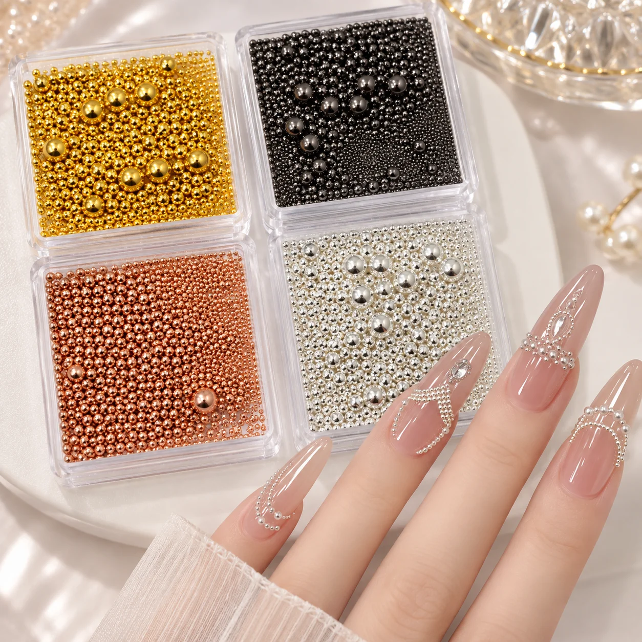 Mixed Size Metal Caviar Beads for Nail Art 3D Micro Steel Ball Charms Gold Silver Rose Gold Gunmetal Nail Rhinestone Decoration