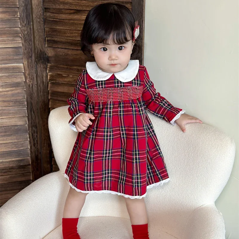 New Year Party Cute Clothes Baby Girl Christmas Dress Outfit Toddler Smocked Christmas Dress Vintage Princess Red Grid Dresses