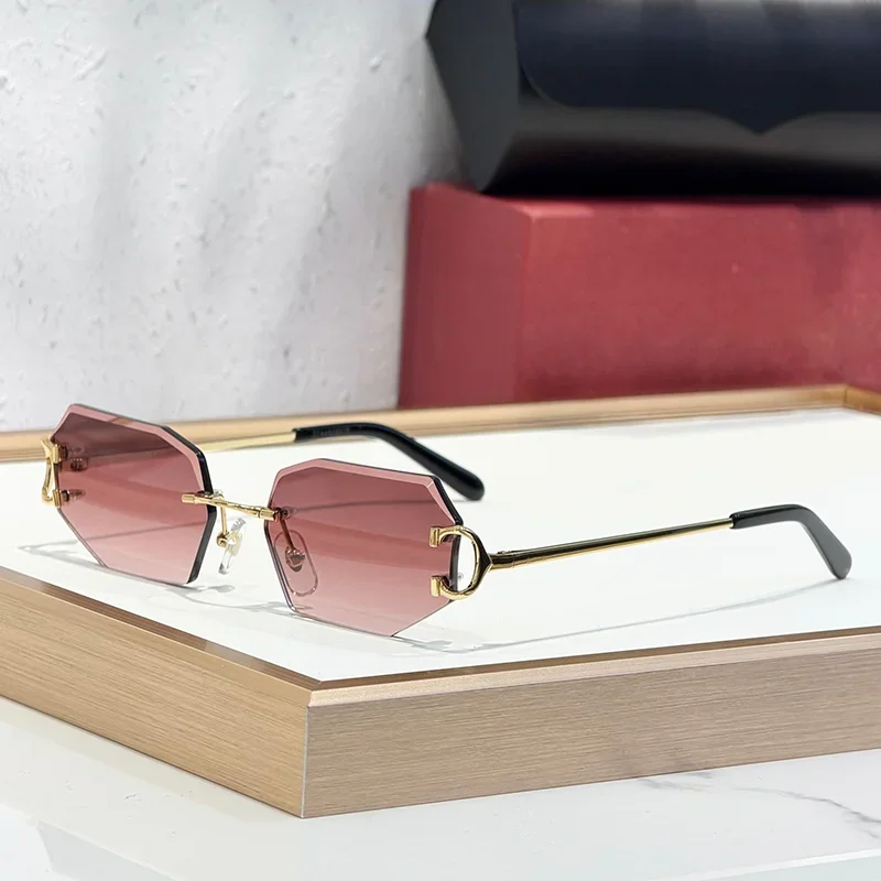 

INS Style Gradient Red Diamond Cut Rimless Sunglasses for Women 2025 Trendy Luxury Craft Boundless Alloy Solar Glasses Fema