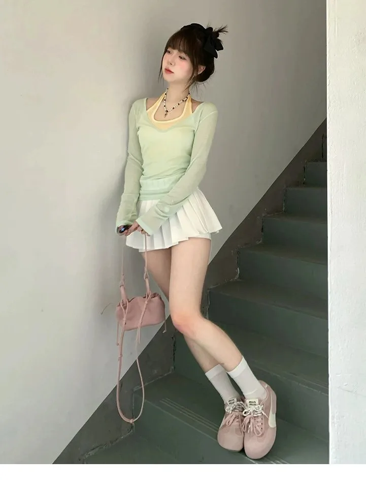 

Футболка с длинными рукавами и v-образным вырезом, женская весенняя многослойная контурная плиссированная футболка на пуговицах с талией, униформа колледжа, нежная футболка с рюшами