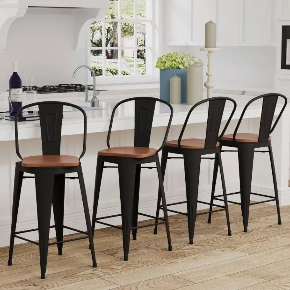 Swivel Metal Barstools Kitchen Counter Bar Stools High Back Set of 4 (High Back Matte Black Wooden