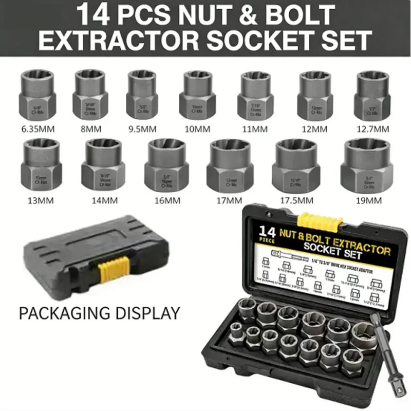 

14 piece bolt and nut extractor kit bolt lug nut extractor sleeve tool kit with hexagonal adapter for removing stripped, damaged