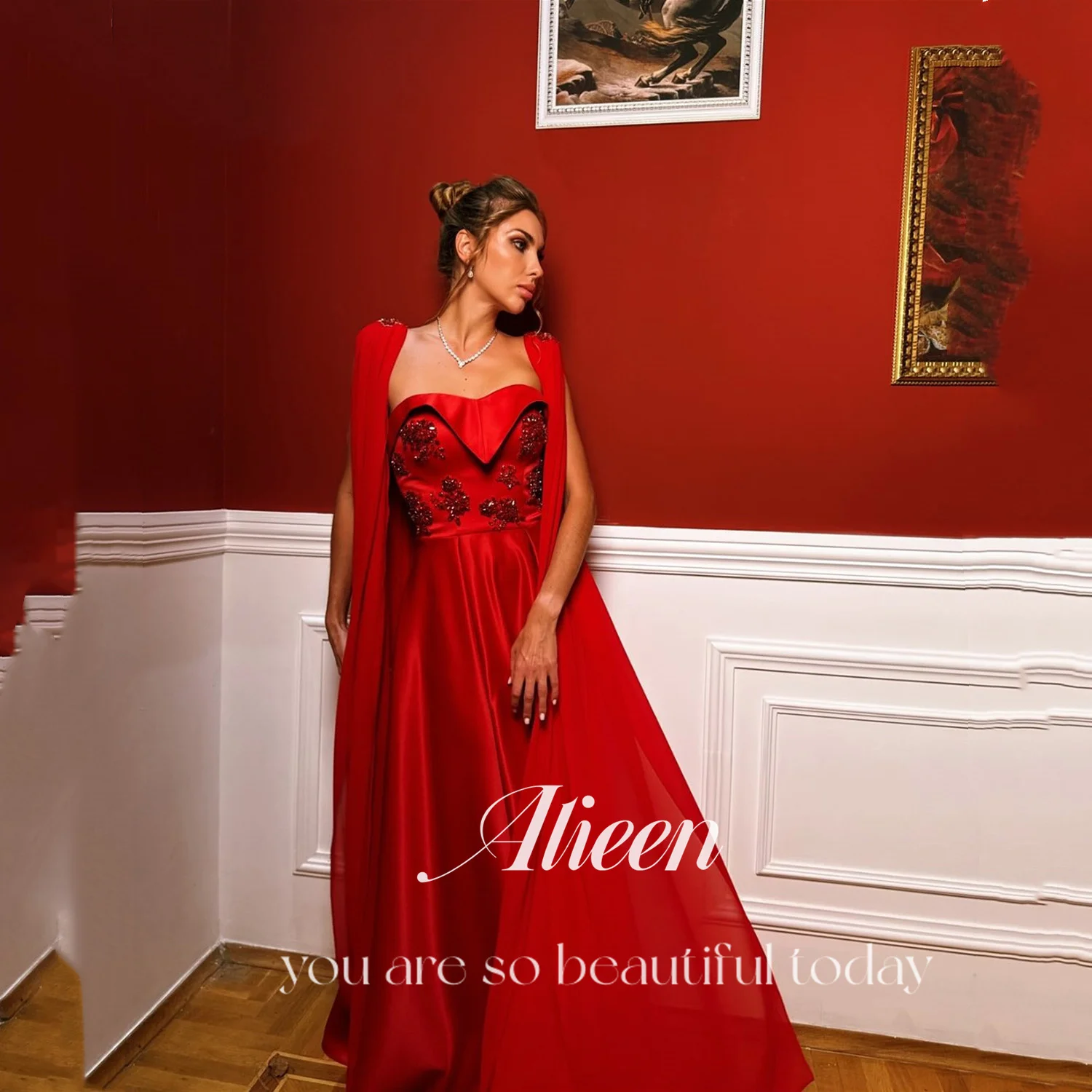 فساتين زفاف Aileen للحفلات Plajaaеееееее Robes De Soirée فستان سهرة نسائي من الساتان باللون الأحمر مخصص فساتين شال