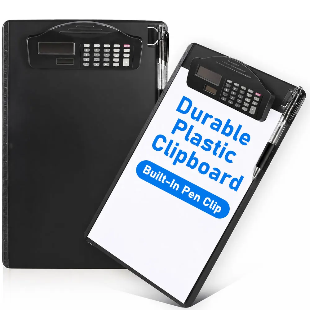1 presse-papiers A4 avec calculatrice, ne nécessitant aucune alimentation externe, en carton PP, avec porte-stylo et règle, idéal pour le bureau, l’école et l’entrepôt.