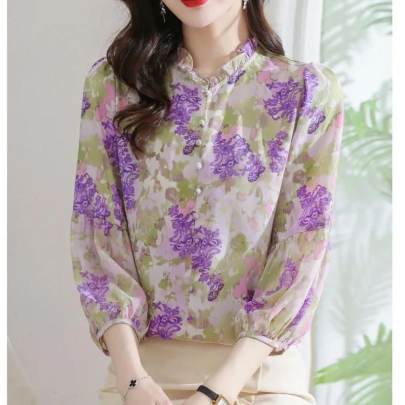 Plant&Flowers Printing Lantern Long Sleeve Women\'s Spring Autumn Round Neck Pullover Chiffon T-shirt Trendy All-match Tops