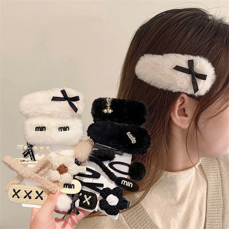 10Pcs/Set Girls Hair Accessories Winter Plush White Black Hairpin Cute Rabbit Bunny Base Hair Clip Bangs Side Children Headdress