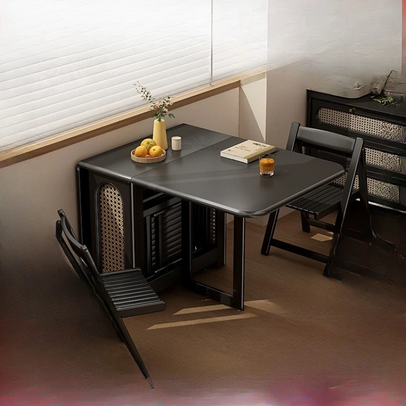 

Black rectangular solid wood rock slab folding dining table retractable small apartment household light luxury invisible