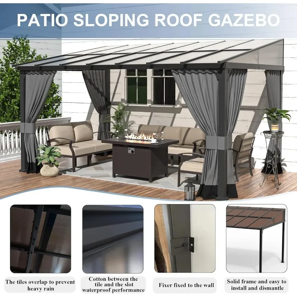 Outdoor Gazebo, Hardtop Wall Mounted Gazebos with Sloping Sun Panel Roof, Double Curtains, Gazebo