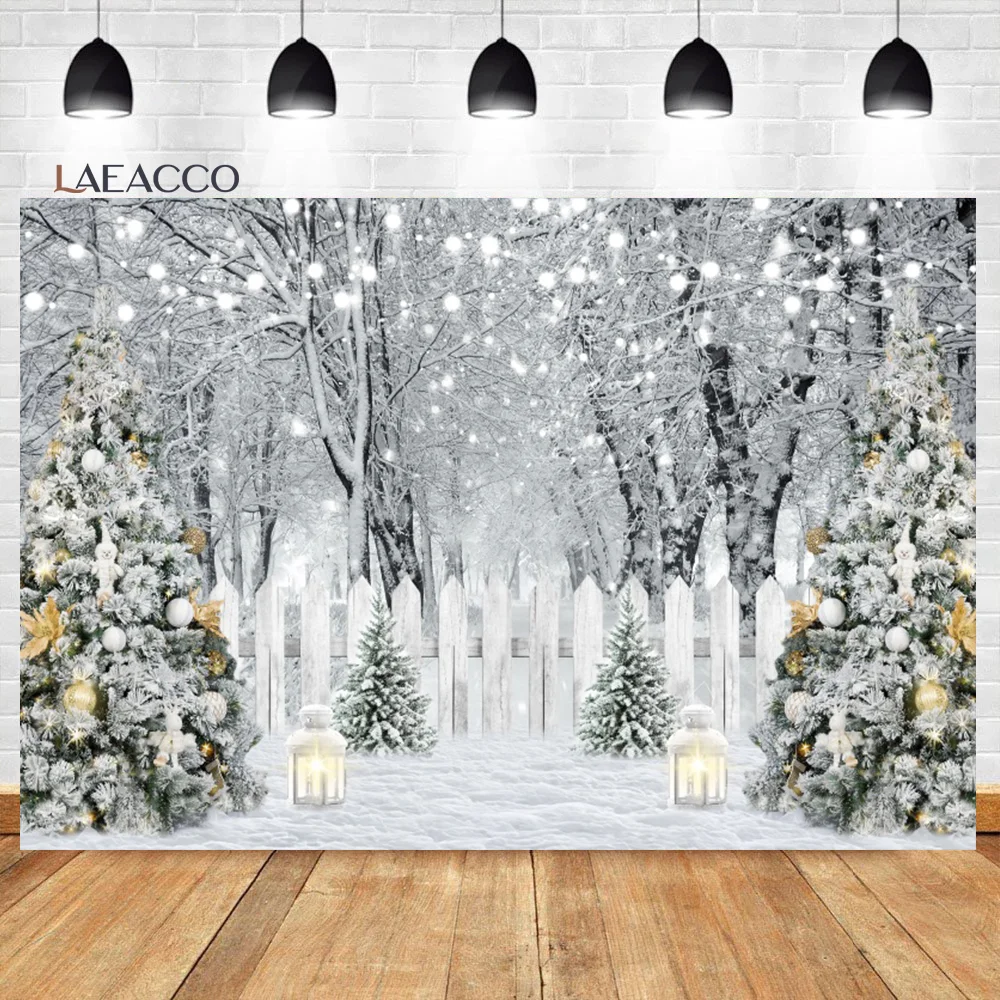 

Laeacco Winter Forest Christmas Backdrop Snowy Pine Tree Xmas Lights Gifts Family New Year Kids Portrait Photography Background