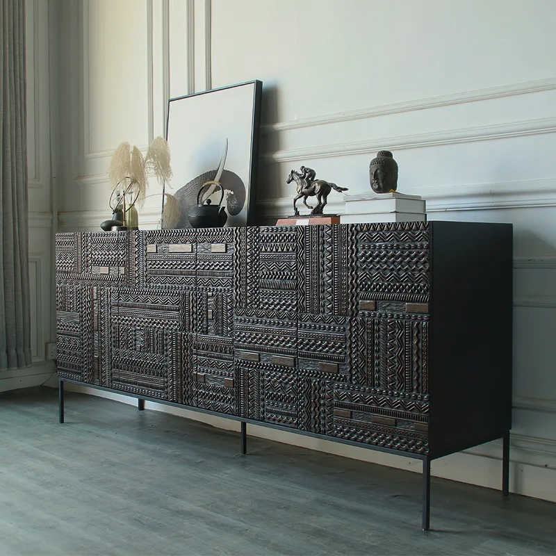 Furniture Side Cabinet Indonesia Imported Carved Solid Wood Teak TV Cabinet Light Luxury
