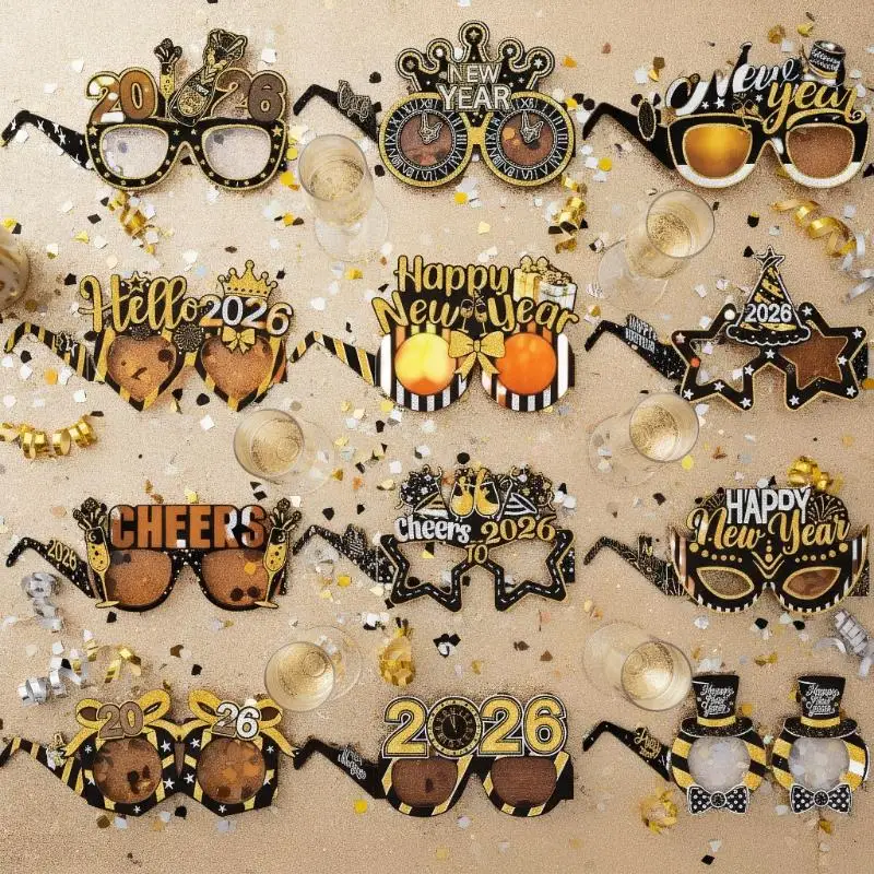 

6pcs/set 2026 Happy New Year Black Gold New Year Paper Glasses Photo Props