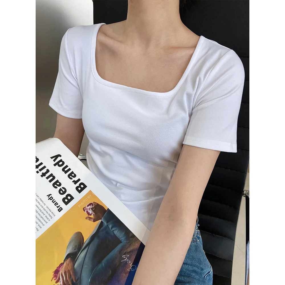 2024 Women Summer Cotton T Shirts Square Neck Short Sleeve Sexy Tees Summer Tops For Women Clothes