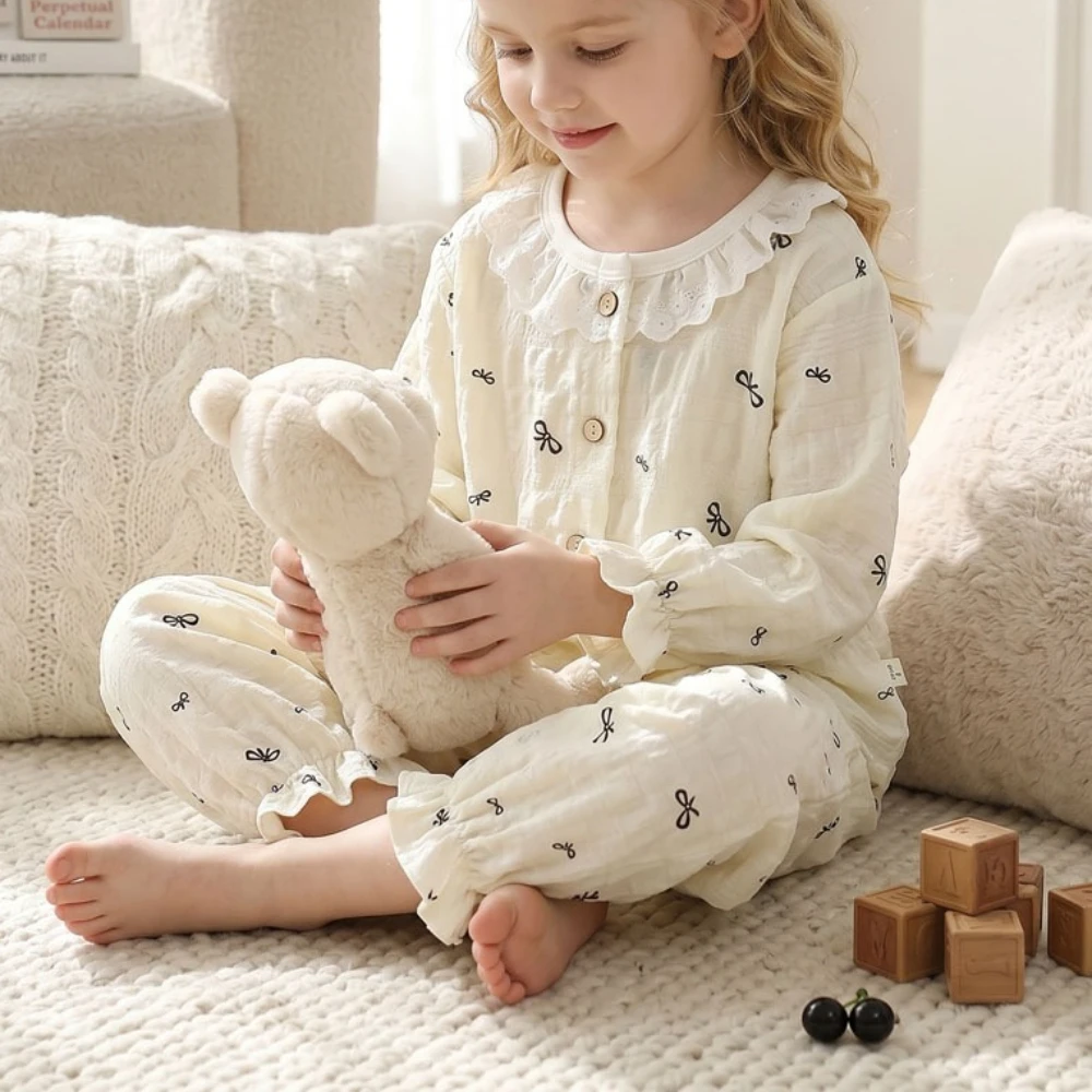 Summer Spring Autumn Girls Elegant Lace Pajamas Sets Kids Breathable Comfortable Long Sleeve Home Clothes Sets Child Sleepwears