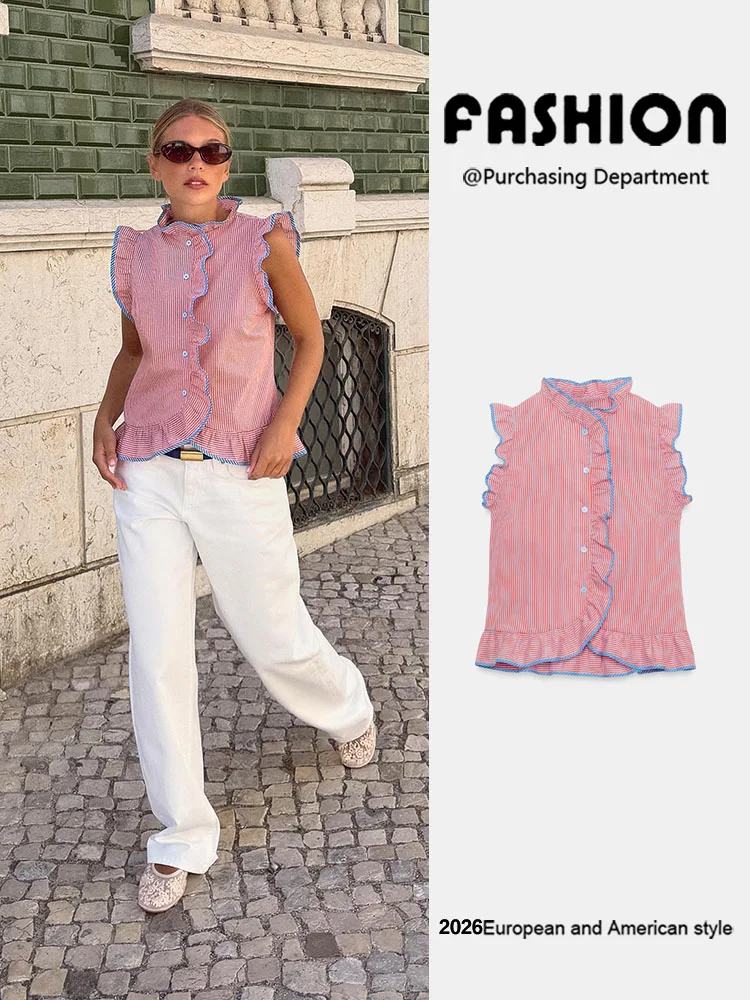 New Autumn Women's Sleeveless Stand Collar Stripe Decorative Shirt Top Polyester Fiber Daily Wear for Young Females