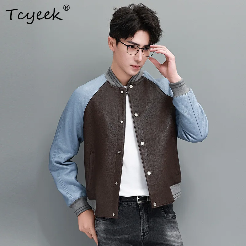 Tcyeek Top Layer Cowhide Mens Coats Real Leather Jacket Men Autumn Clothes Trendy Casual Baseball Coat Blocking Casaco Masculino