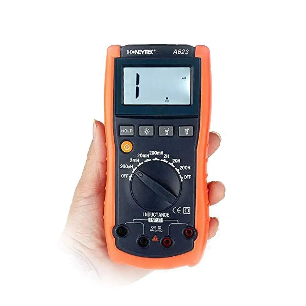 Digital Inductance Meter A623 CE Certified Inductor Tester with Flashlight Large LCD Display Battery Powered Easy to Use