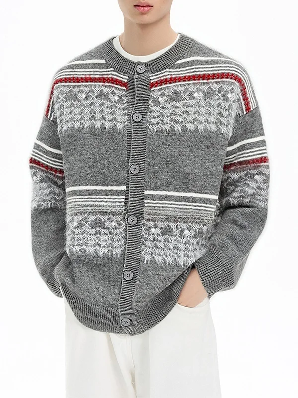 

ay Fair Isle Knitted Open Cardigan Men's Loose Fit round Ne Mixed Fiber Sweater Coat Warm Casual Daily Wear Polyester
