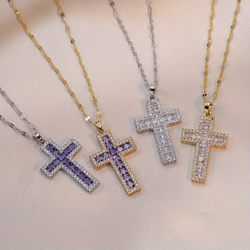 1 Piece Fashion Colorful Holy Cross Pendant Necklace for Women Temperament Elegant Religious Jewelry Gift