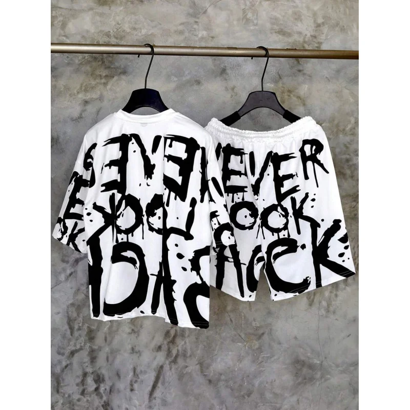 2025 Nwe Men's Youthful Street INS Black And White Color Block Oversized Letter Splash Ink Graffiti Digital Print Short Lo