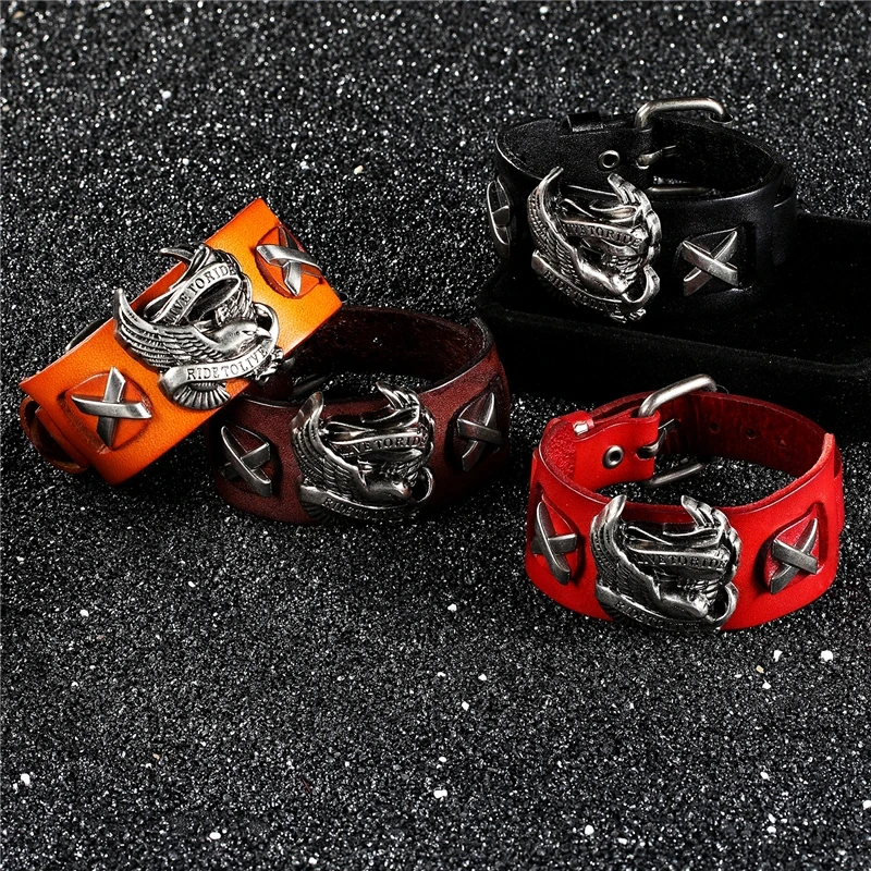 Pulsera de cuero genuino para hombre y mujer, brazalete ancho, estilo gótico, Rock, motorista, águila, regalo Punk