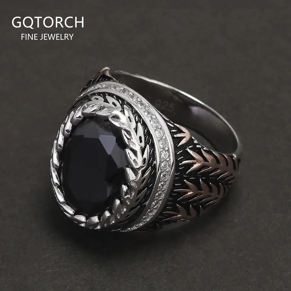 

Кольцо-печатка из стерлингового серебра 925 пробы с черным ониксом для мужчин, винтажные турецкие кольца овальной формы с гравировкой пшеницы, мужские ювелирные изделия, подарок