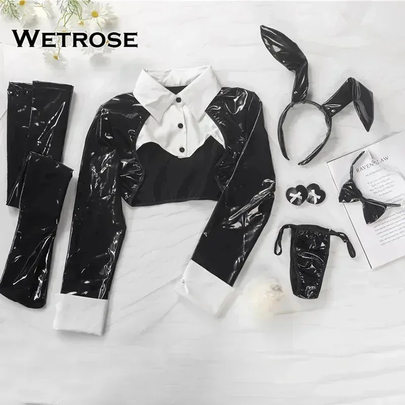 【Wetrose】섹시한 역방향 토끼 소녀 가랑이없는 검은 PU 특허 가죽 라텍스 귀여운 코스프레 의상 뜨거운 에로틱 비키니 Av 란제리 세트