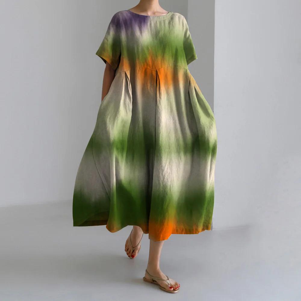 Vestidos femininos vintage, vestidos estampados com textura em camadas, elegantes, vestidos de manga curta, vestidos de moda solta