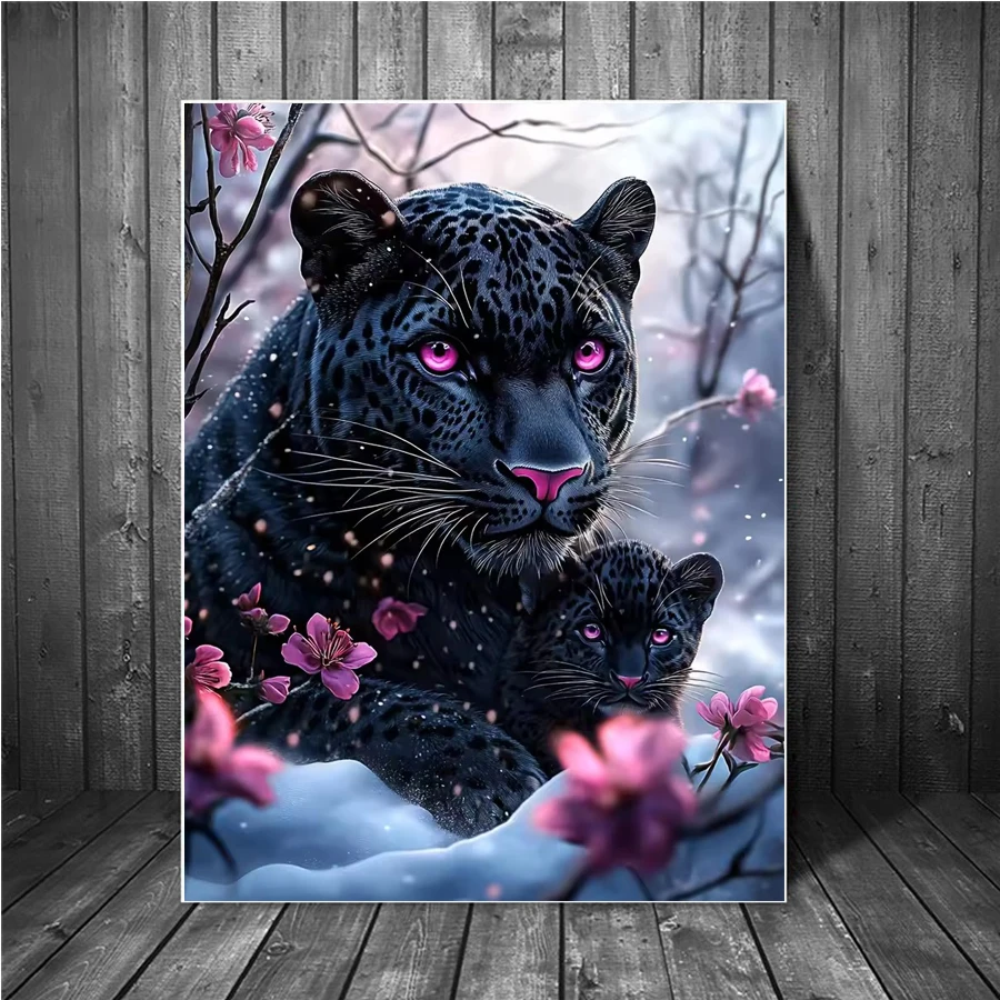 

DIY Diamond Painting Black Panther and cub Diamond Embroidery Winter Animal Landsacape Complete Kit handmade Decorative Painting