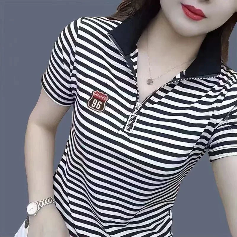 T-shirts Red Striped Women\'s Polo Baggy Clothing Trend 2025 Synthetic Summer Female Tee Youthful Elegant New Korean Cheap Tops