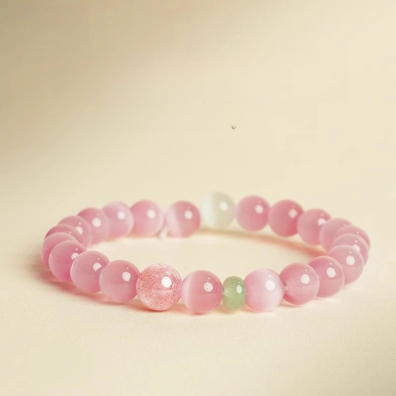 Putuo Mountain Pink Cat's Eye Stone Bracelet for Women, Natural Strawberry Crystal Exquisite Bracelet, Attracts Love and Marriage, Brings Good Luck