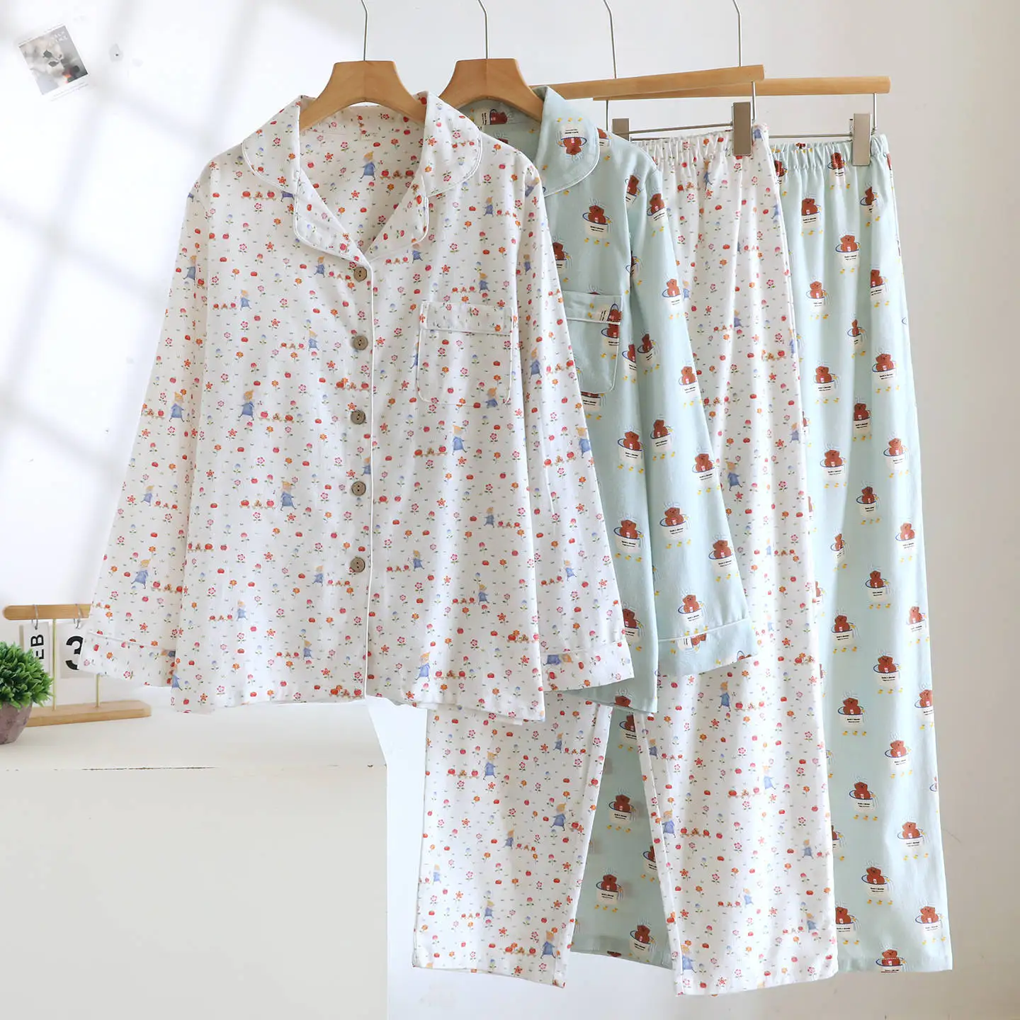 

Cotton Pajamas Clothes for Women Spring and Autumn Long Sleeve Long Pants 2 Pcs Homewear Thin Plus Size Pijama Set