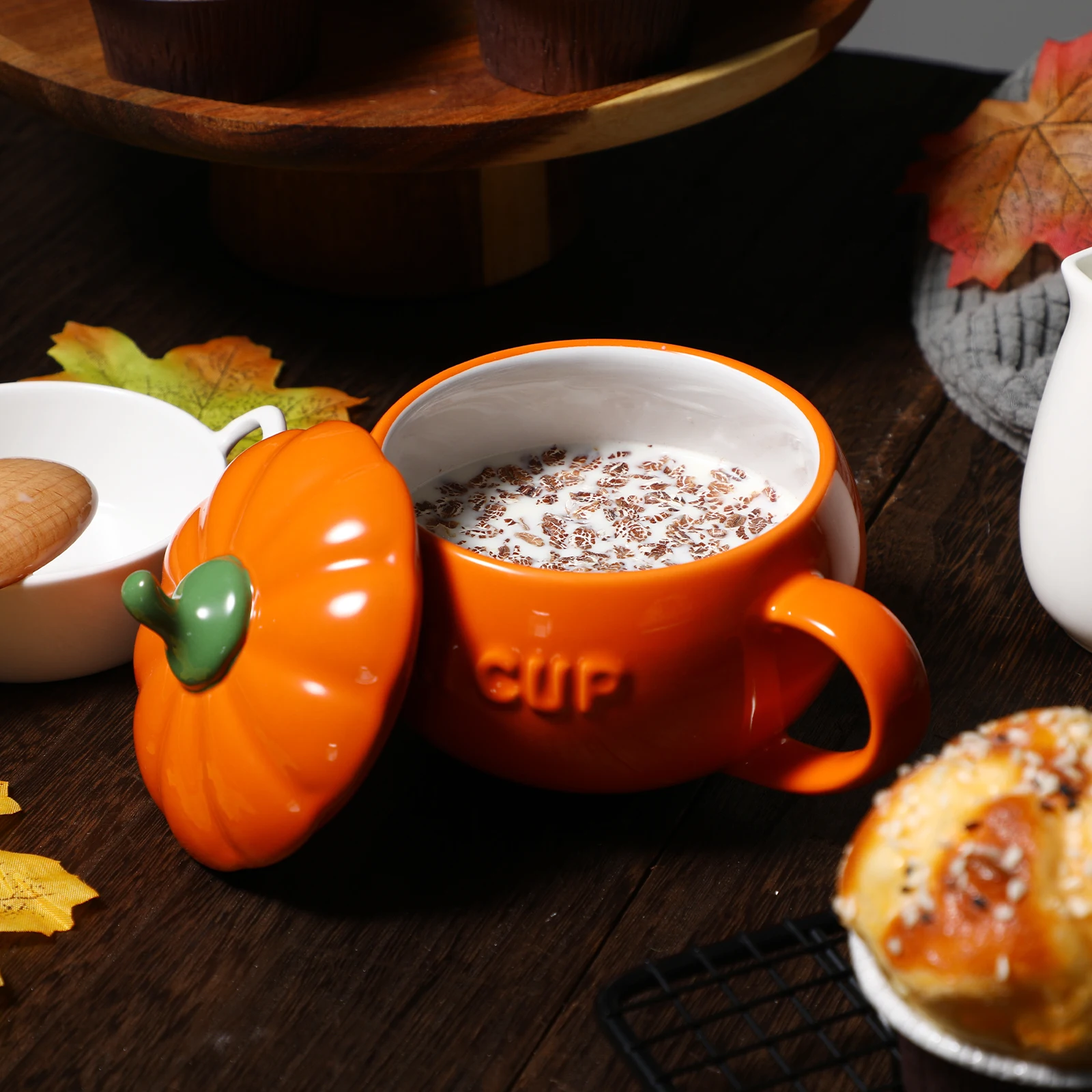 

2 pc Oatmeal Cup Milk Coffee Cups Seasoning Pot Ceramic Mug 13.5X10.5cm Halloween Pumpkin Ceramic Bowl Ceramic Cup With Cover