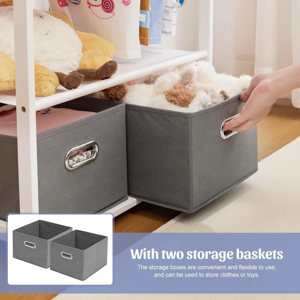 رف ملابس للأطفال مصنوع من الخيزران مع سلتين للتخزين وقضبان تعليق قابلة للتعديل، وحامل ملابس للأطفال مع رف، وحامل تلبيس f #4