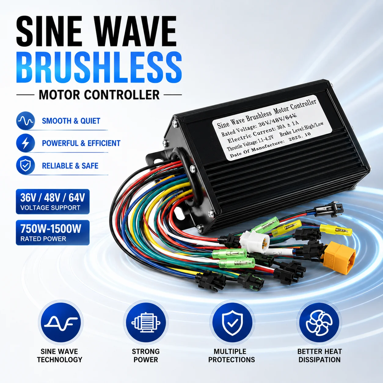 

36V 48V 64V Sine Wave Brushless Motor Controller 750-1500W Sine Wave Motor Controller Module for Electric Bicycle Scooter