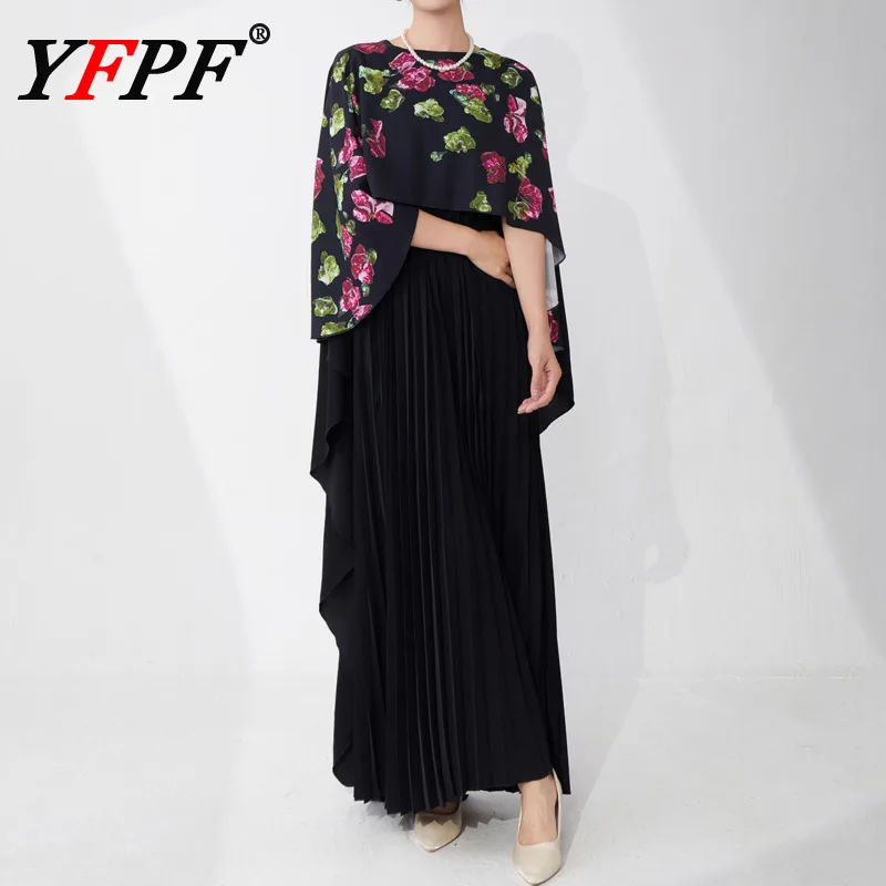 

YFPF лоскутное длинное платье с цветочным принтом, модная свободная шаль с рукавами «летучая мышь», плиссированные вечерние платья Miyake, элегантное, новинка 2023 г.