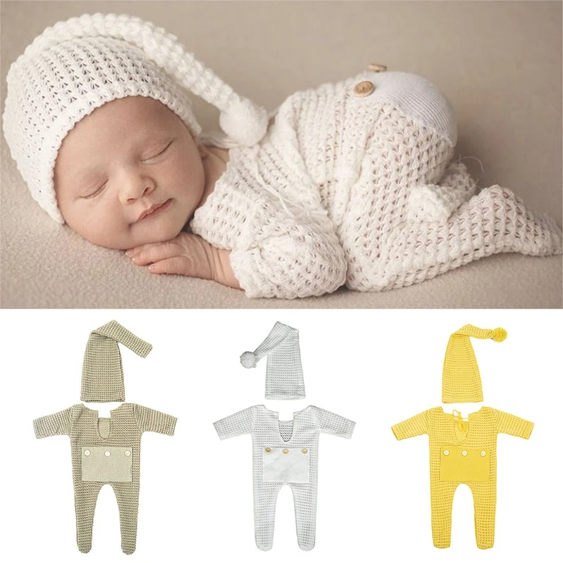 

Newborn Photography Props Crochet Outfit Baby Romper Hat Set Infants Photo Shooting Beanies Cap Jumpsuit Bodysuit Clothing 2 Pc